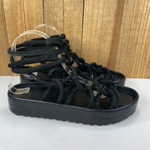 All Saints Kofu Rope Sandals Womens 8 Black Platform Strappy Lace Up EU 39 Shoes